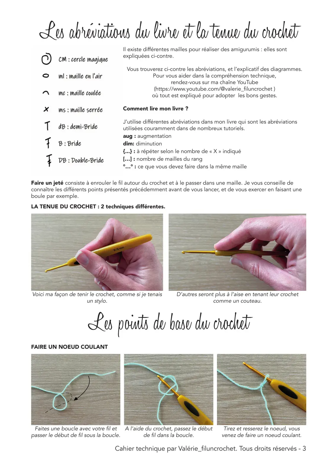 Page 3 du cahier technique : Les abréviations et la tenue du crochet